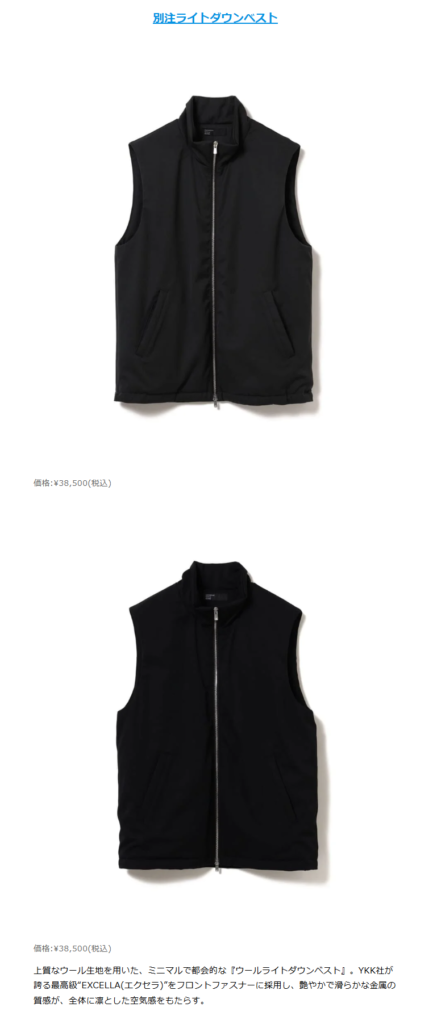 International Gallery BEAMS ×TAION【別注ライトダウンベスト】