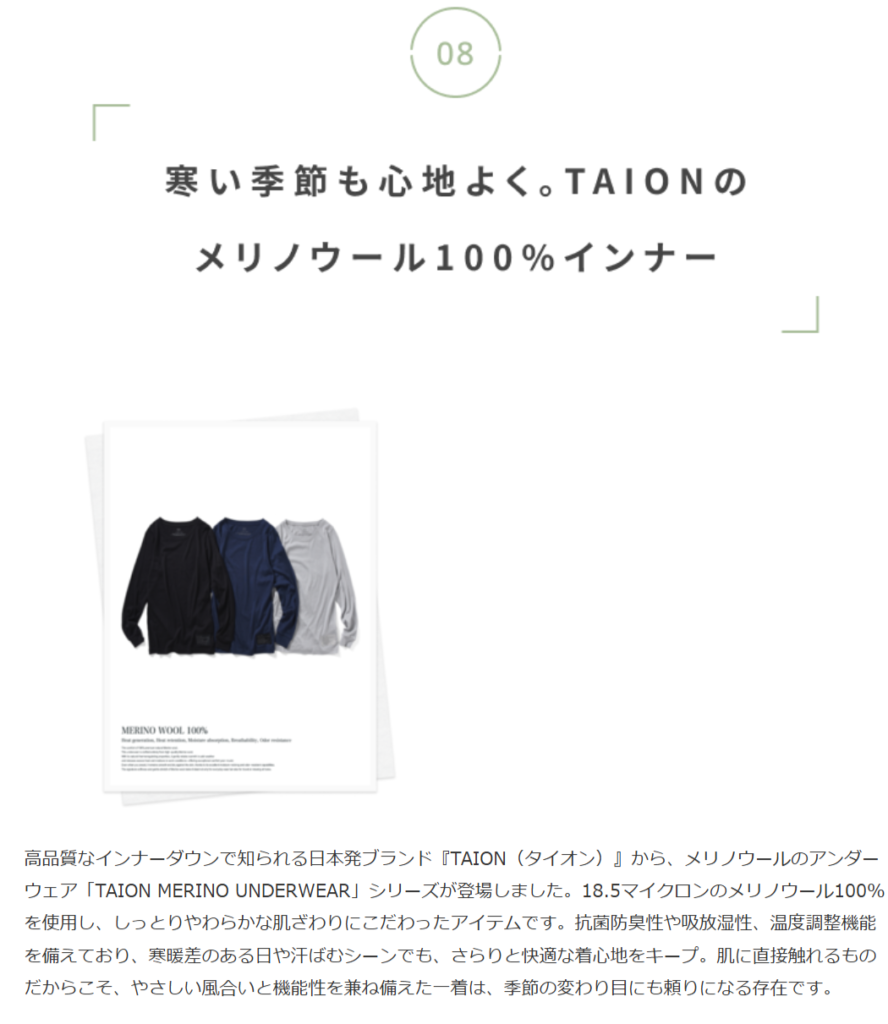 TAION【メリノウール アンダーウェア ロングスリーブ Tシャツ】